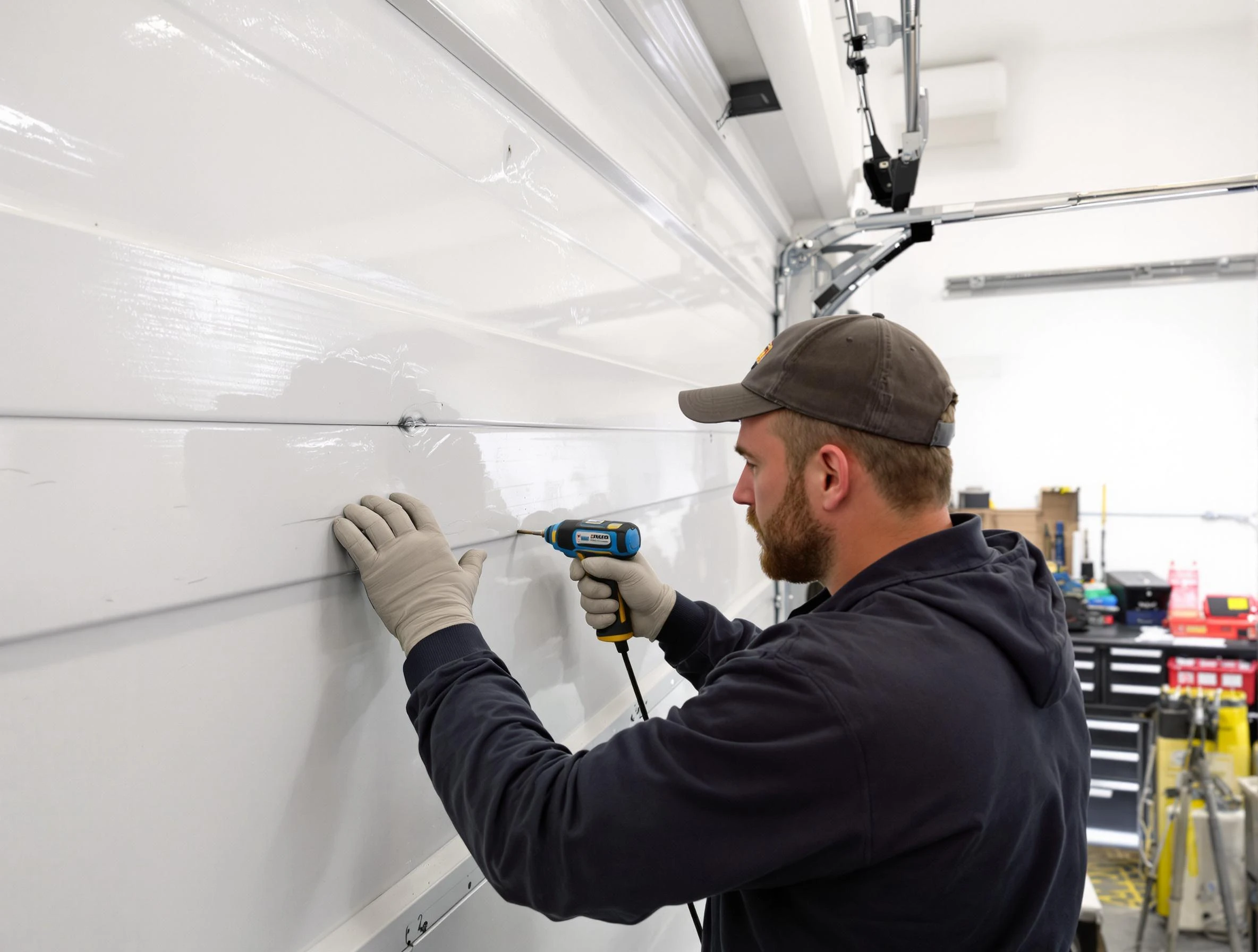 Tyrone Garage Door Repair technician demonstrating precision dent removal techniques on a Tyrone garage door